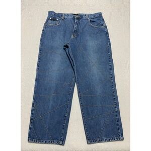 Vibes GL Gold Label Baggy Y2K Jeans Men's Size 42x32 Blue Geometric Stitching‎